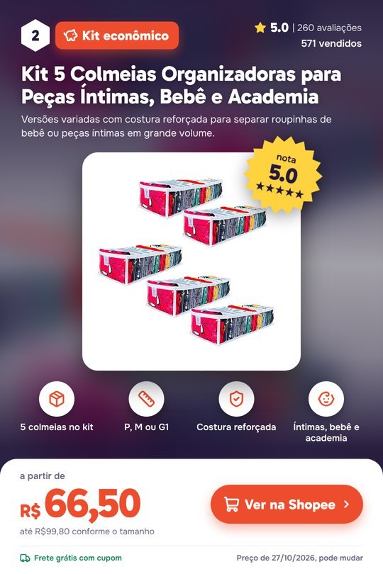 Kit 5 Colmeias Organizadoras para Peças Íntimas, Bebê e Academia: nota 5.0, 571 vendidos, R$ 66,50