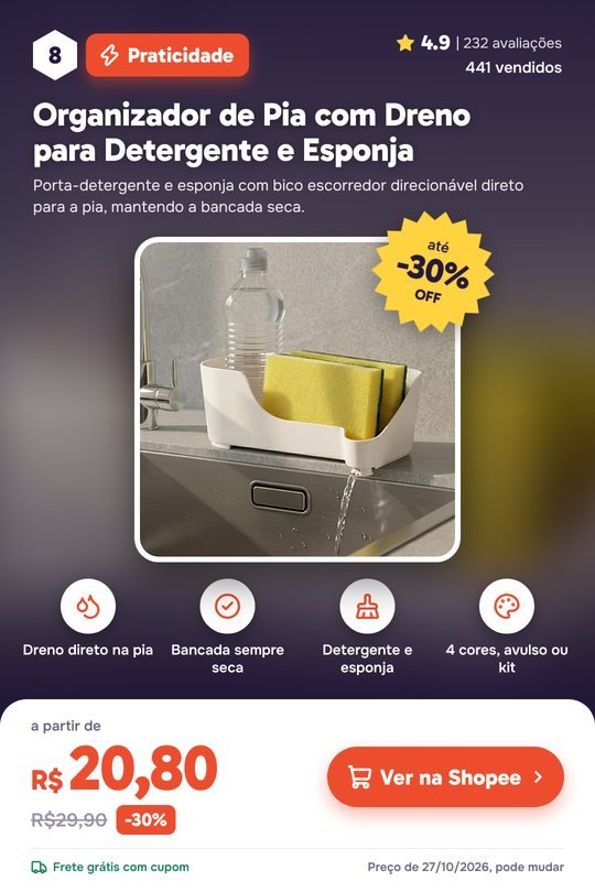 Organizador de Pia com Dreno para Detergente e Esponja: nota 4.9, 441 vendidos, R$ 20,80