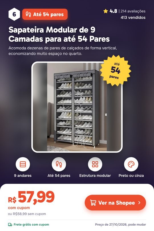 Sapateira Modular de 9 Camadas para até 54 Pares: nota 4.8, 413 vendidos, R$ 57,99